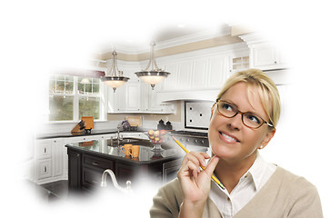 Image showing Daydreaming Woman With Pencil Over Custom Kitchen Photo Thought 