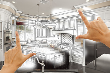 Image showing Hands Framing Custom Kitchen Design Drawing and Photo Combinatio