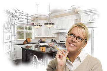 Image showing Woman With Pencil Over Custom Kitchen Design Drawing and Photo