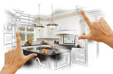 Image showing Hands Framing Custom Kitchen Design Drawing and Photo Combinatio