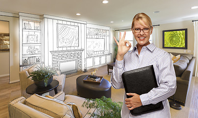 Image showing Woman with Okay Sign Over Custom Room and Design Drawing