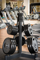 Image showing Barbell plates rack in the gym
