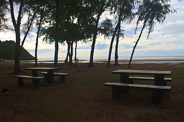 Image showing stone  bench with sea background