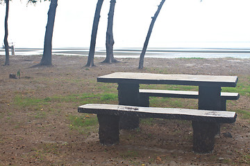 Image showing stone  bench with sea background