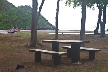 Image showing stone  bench with sea background