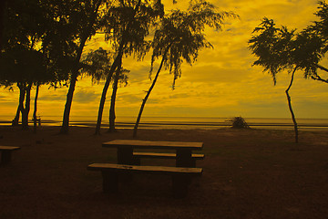 Image showing stone  bench with sea background