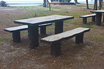 Image showing stone  bench with sea background