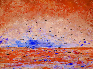 Image showing Sunset at the sea, birds in the sky