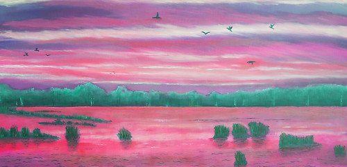 Image showing Sunset at the lake, birds in the sky