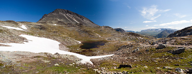 Image showing Panoramic photo of Besseggen Ridge in Jotunheimen National Park, Norway