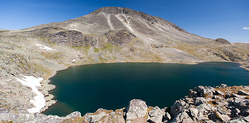 Image showing Panoramic photo of Besseggen Ridge in Jotunheimen National Park, Norway