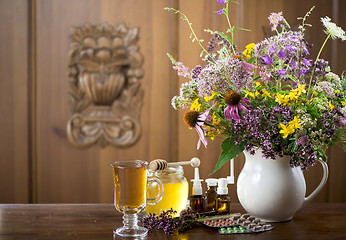 Image showing medicinal herbs, honey, herbal tea