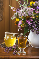 Image showing medicinal herbs, honey, herbal tea