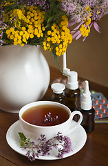 Image showing medicinal herbs, honey, herbal tea