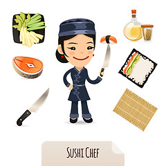 Image showing Female Sushi Chef Icons Set