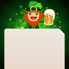 Image showing Leprechaun looking at blank poster on top on green background