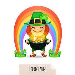 Image showing Lucky Leprechaun with coins in front of a rainbow