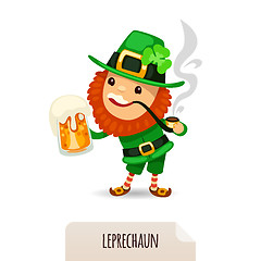 Image showing Leprechaun with beer smokes a pipe