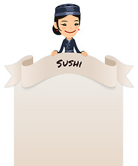 Image showing Asian Female Chef Looking at Blank Menu on Top