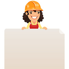 Image showing Female Builder Looking at Blank Poster on Top