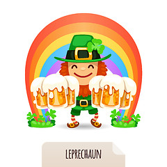 Image showing Lucky Leprechaun with a beer in front of a rainbow