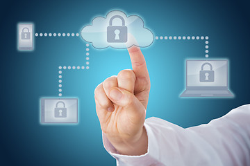 Image showing Index Finger Touching Lock Icon In Cloud Network