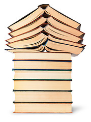 Image showing Stack of open and closed old books bottom view