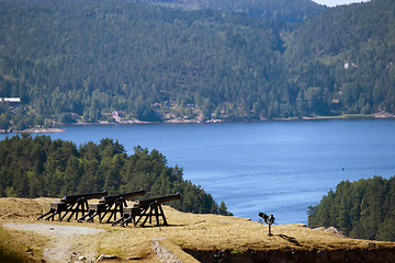 Image showing Cannon at Fredriksten Fort and Fredriksten view, Norway