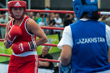 Image showing Model boxing match between girls from Russia and Kazakhstan