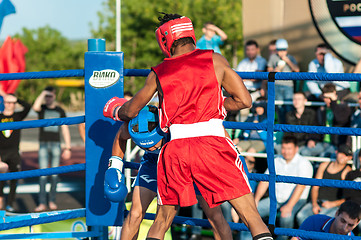 Image showing A boxing match Javier Ibanez, Cuba and Malik Bajtleuov, Russia. Defeated Javier Ibanez