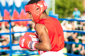 Image showing A boxing match Javier Ibanez, Cuba and Malik Bajtleuov, Russia. Defeated Javier Ibanez