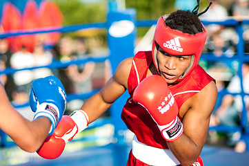 Image showing A boxing match Javier Ibanez, Cuba and Malik Bajtleuov, Russia. Defeated Javier Ibanez