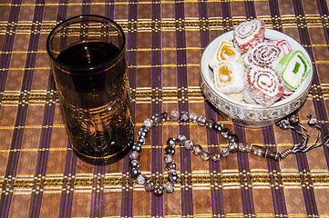 Image showing Turkish delight and a glass of refreshing drink