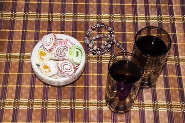 Image showing Turkish delight and a glass of refreshing drink