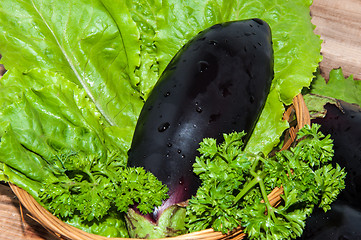 Image showing Eggplant and fresh herbs