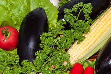 Image showing Eggplant and fresh herbs