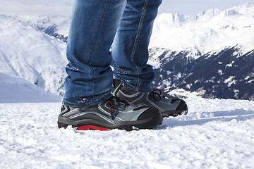 Image showing Safety shoes in the snowy mountains