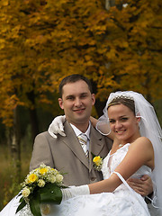 Image showing Just Married Portrait in Yellow Trees