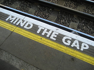 Image showing Mind the gap, warning on London tube station