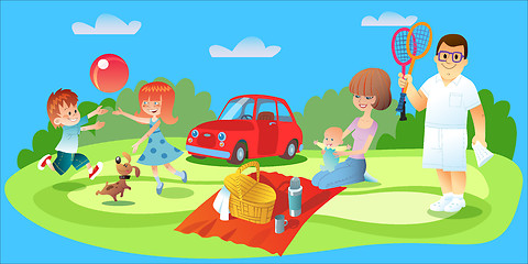 Image showing Family picnic, father, mother and children car