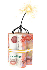 Image showing Dynamite composed of ruble bills with a burning wick