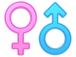 Image showing Male and female gender symbols of blue and pink colors on white