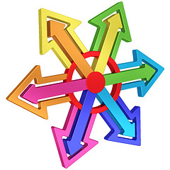 Image showing Colorful arrows of different directions with red center on white