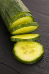 Image showing cucumber slices on on black plate