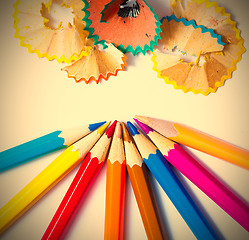 Image showing pencils and shavings on white background