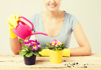 Image showing housewife with flower in pot and watering can