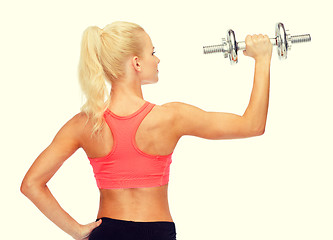 Image showing sporty woman with heavy steel dumbbell from back