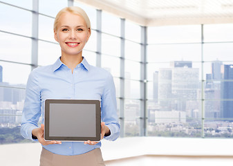 Image showing smiling businesswoman or student with tablet pc