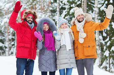 Image showing group of friends waving hands in winter forest