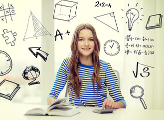 Image showing student girl with book, notebook and calculator